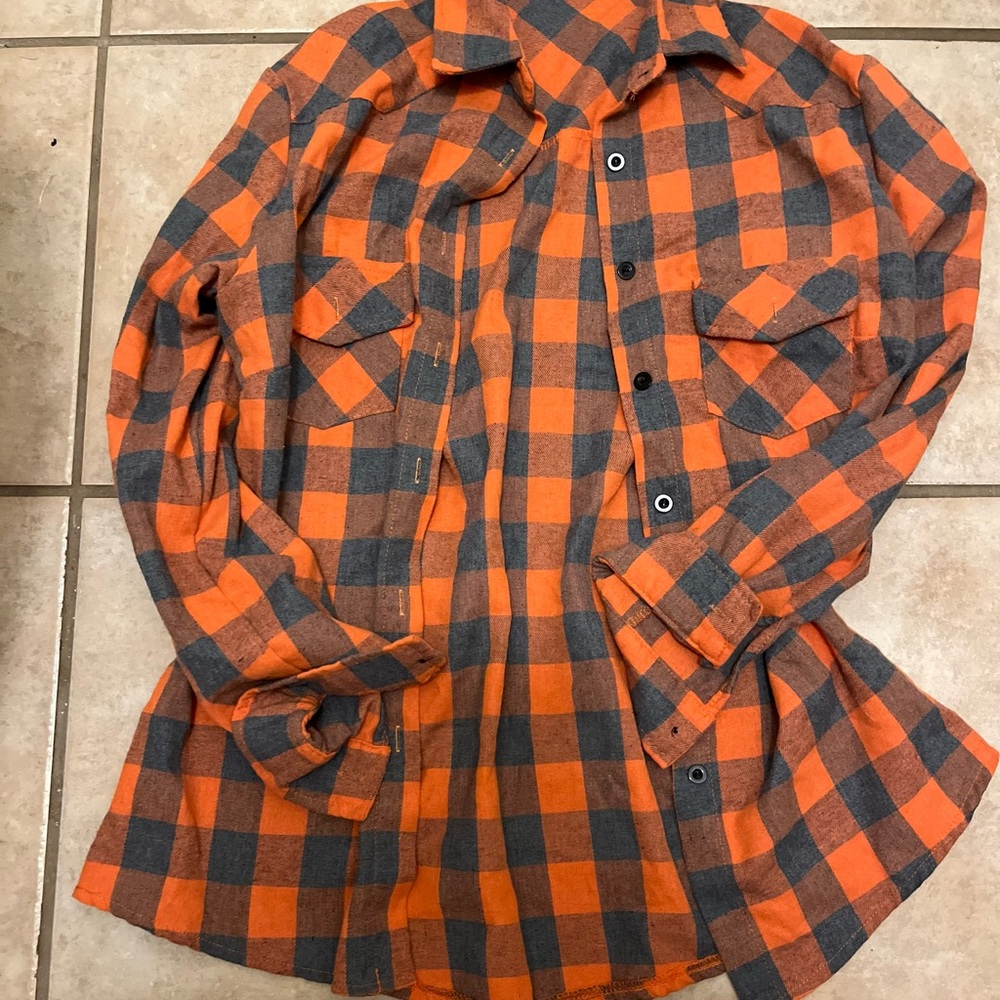 Orange and Gray Plaid Button-Up flannel long sleeve Shirt